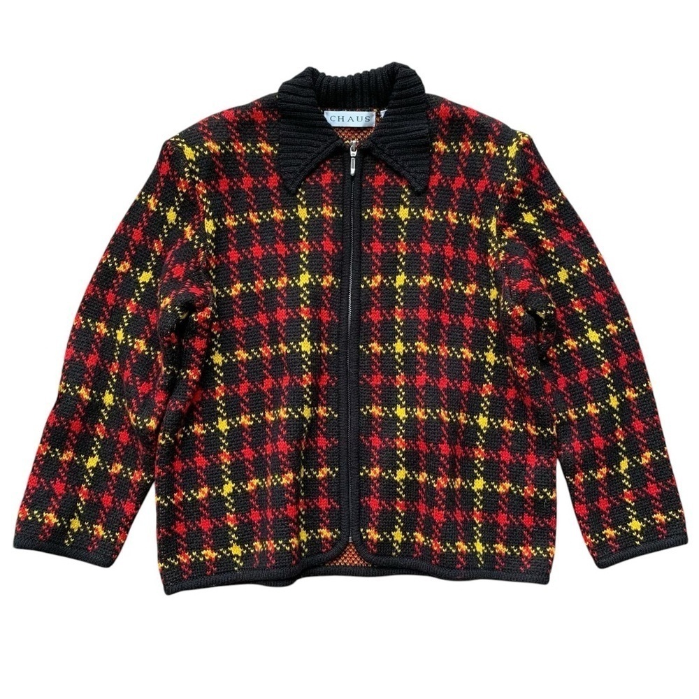 Chaus Merino Wool Blend Knit Plaid Sweater Jacket Black Red Yellow Size Large